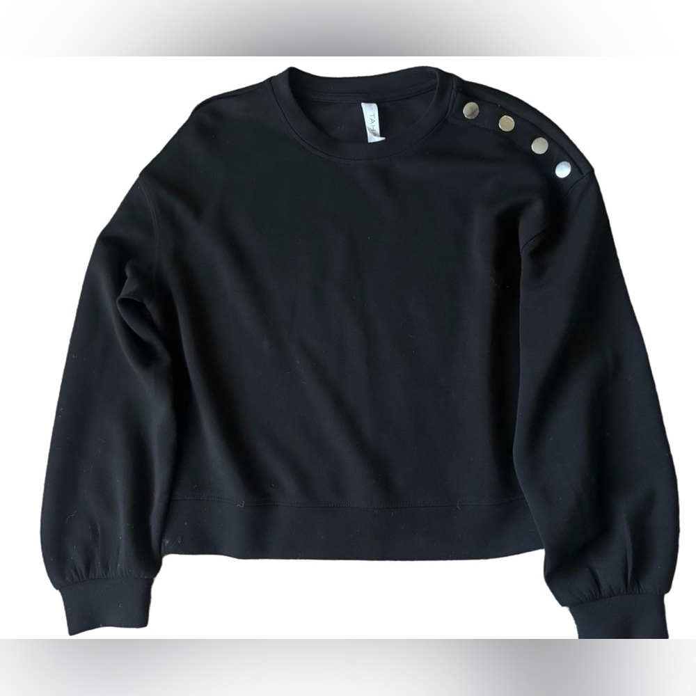 Minimalist Modern Classic – Black button Shoulder Tahari Tee Sweatshirt – XS